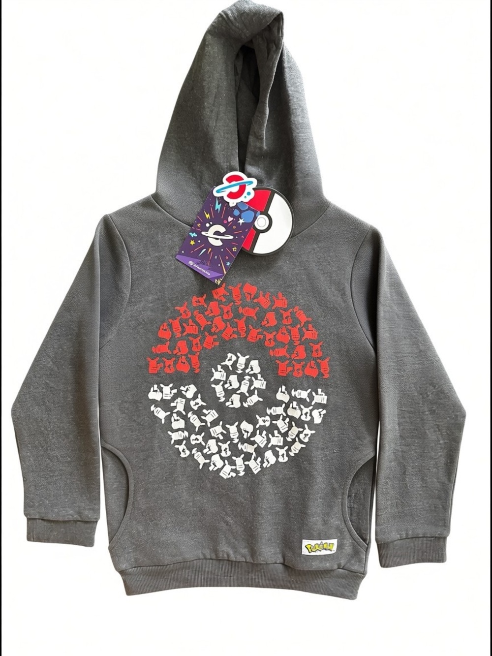 Poke Ball Sz 8 Pullover Hoodie Gray Hooded Pockets Red & White Graphic | NWT